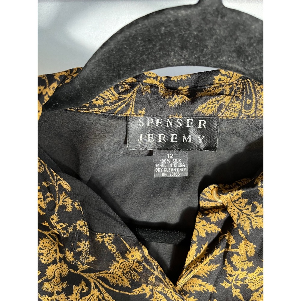 Spenser Jeremy Silk Blouse Black Gold Floral Paisley Fringe Crochet Trim Size 12 - Picture 5 of 6